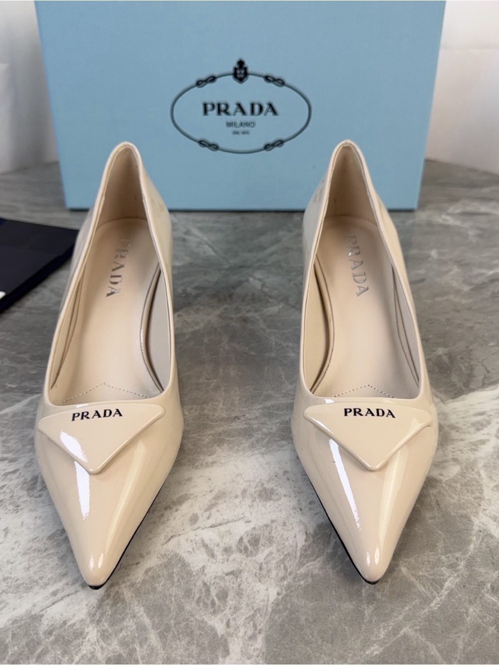 Prada Beige Patent Leather Pointed-Toe Kitten
Heel Pumps